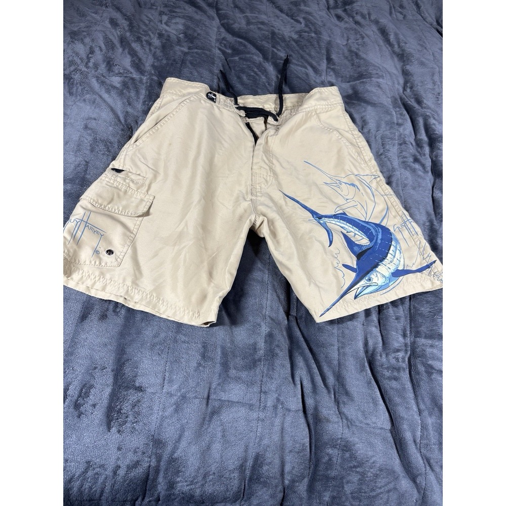 AFTCO Board Shorts Men's Casual Tan Graphic Print 8" Swim Trunks Size 30